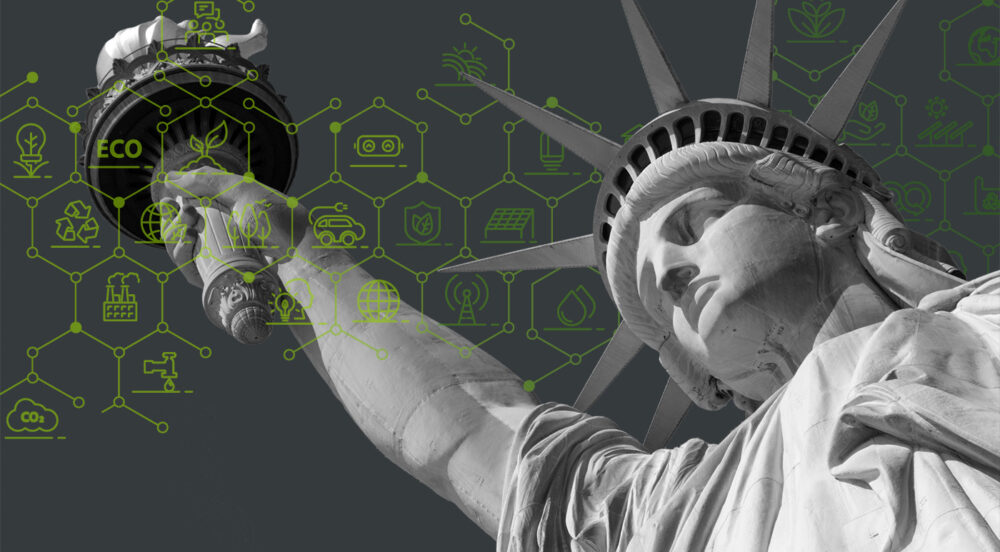 Close up of Statue of Liberty with climate and sustainability icons