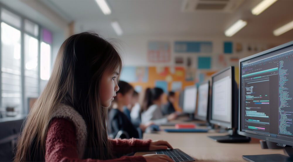 Young student in front of a computer monitor learning to code at school.