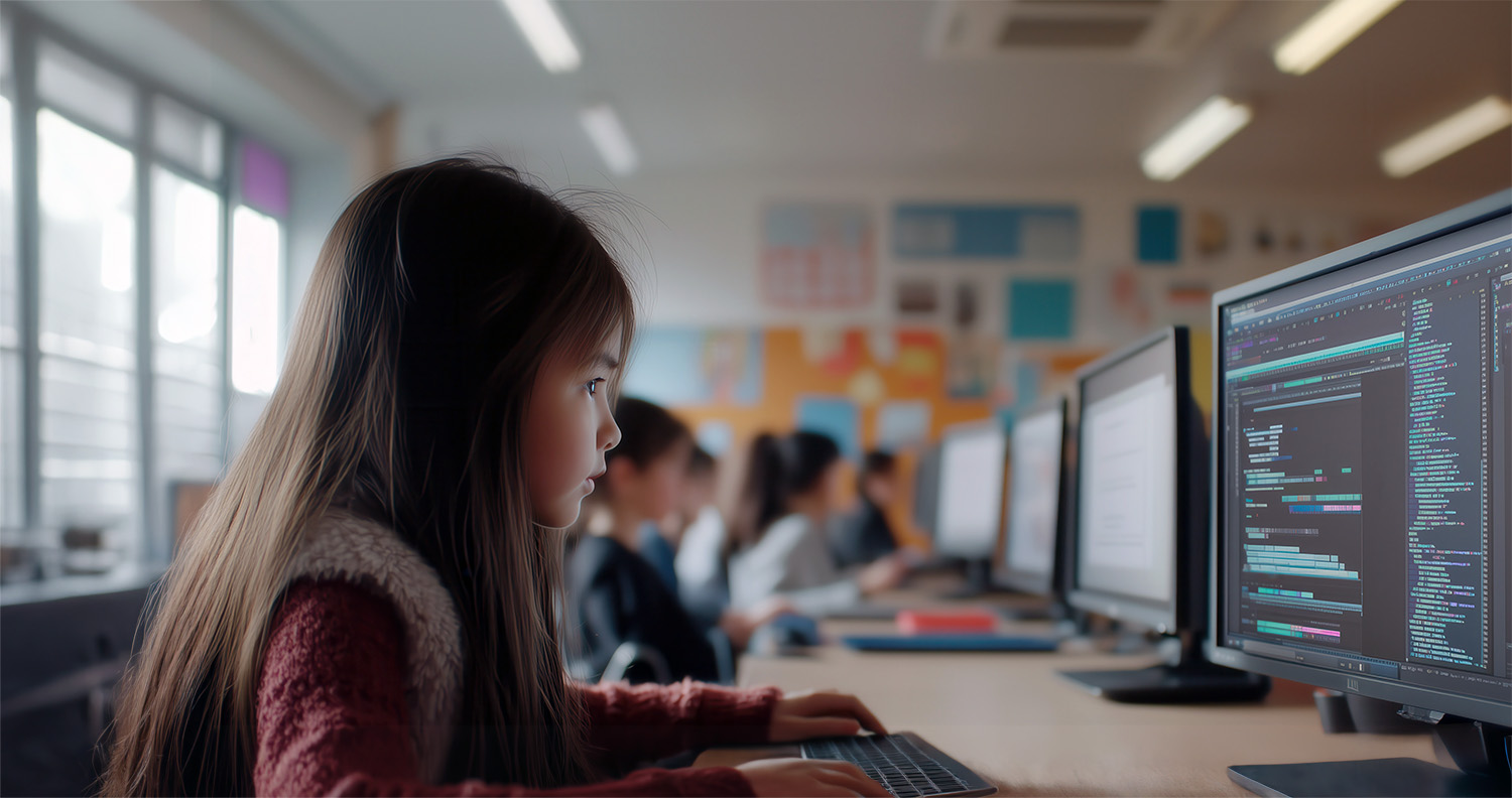 Young student in front of a computer monitor learning to code at school.