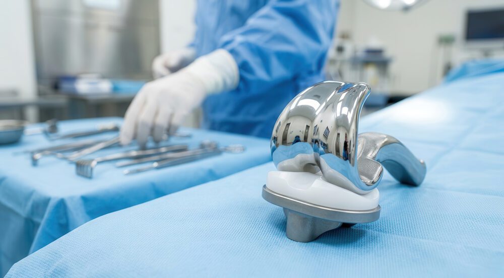 Medical professional preparing orthopedic knee replacement implant