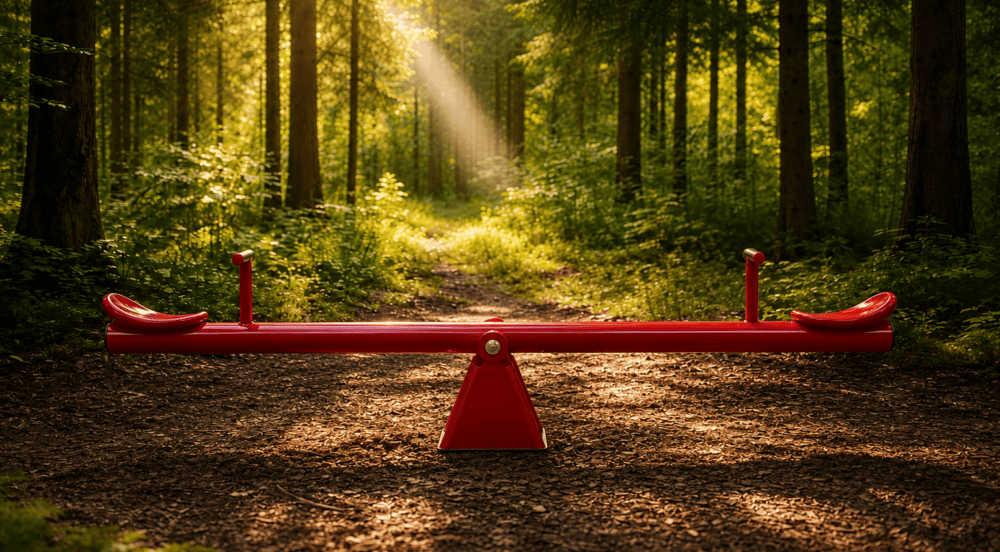 Perfectly balanced red see-saw in the forest