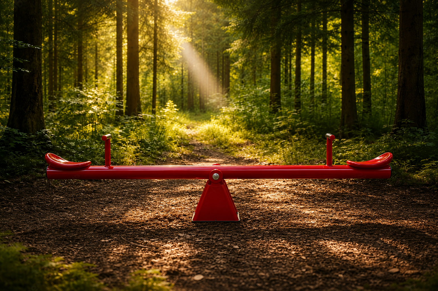 Perfectly balanced red see-saw in the forest